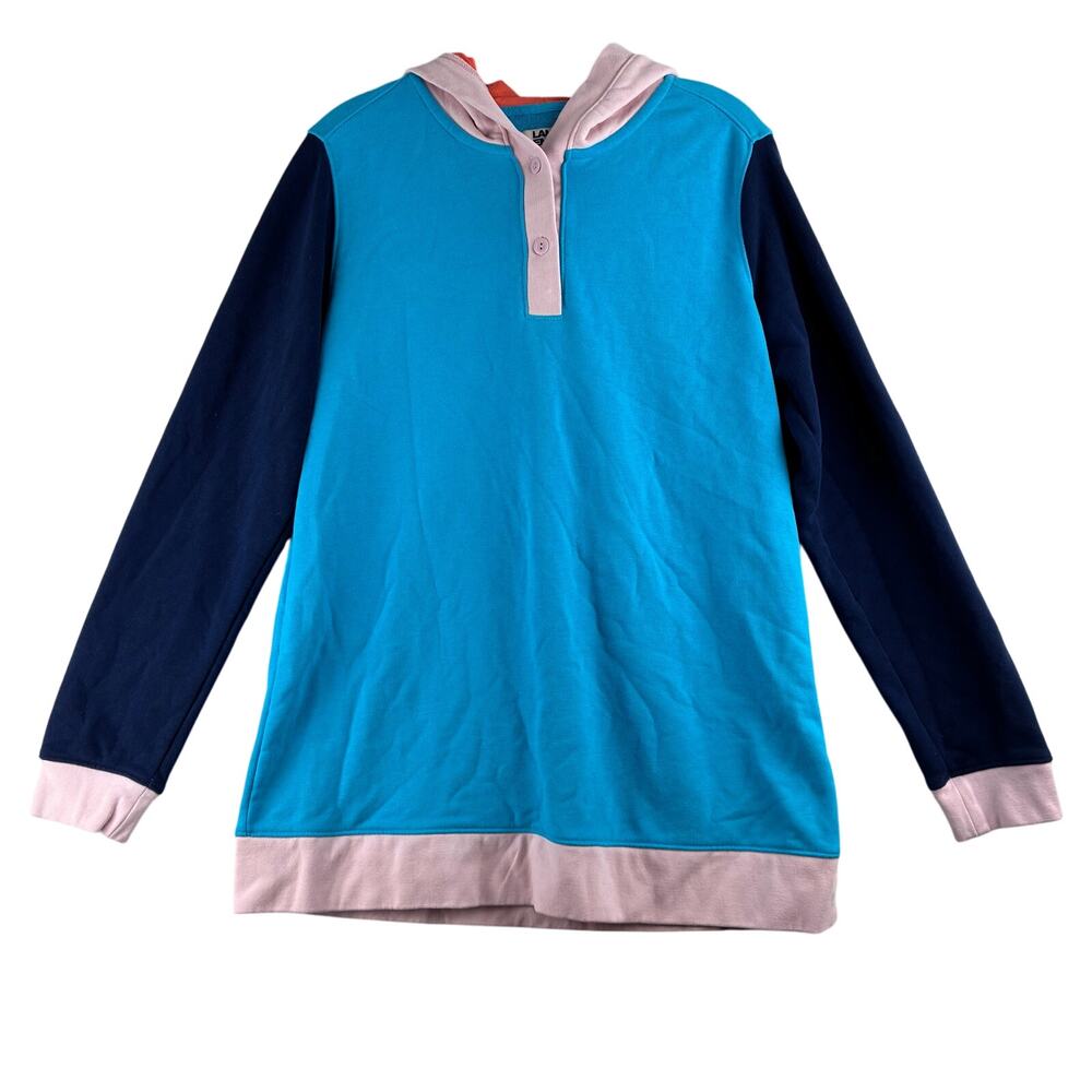 Lands End Serious Sweats Hoodie Sweatshirt Womens Medium Blue Pink Colorblock